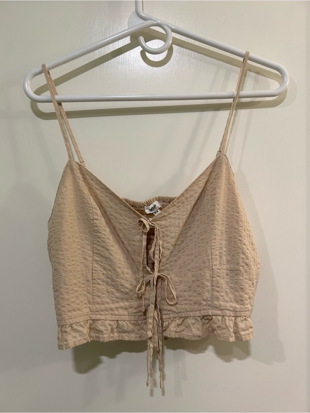 Aerie Beige Tie Front Smocked Crop Top M Ruffle Boho Y2K Cami